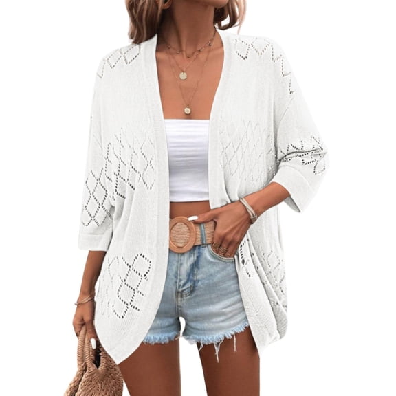 Zeagoo Womens 2025 Lightweight Crochet Cardigan Sweaters Open Front 3/4 Sleeve Knit Kimono Summer Boho Cover Up
