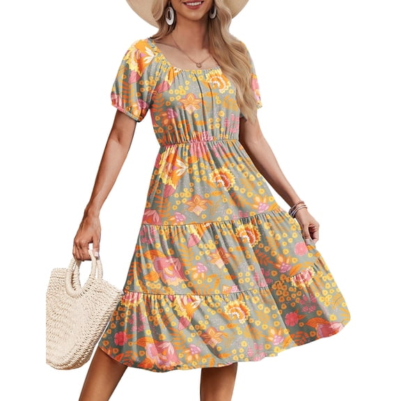 Zeagoo Womens 2025 Summer Dress Short Sleeve Square Neck Midi Dresses Casual Beach Vacation A-Line Ruffle Sundress with Pockets