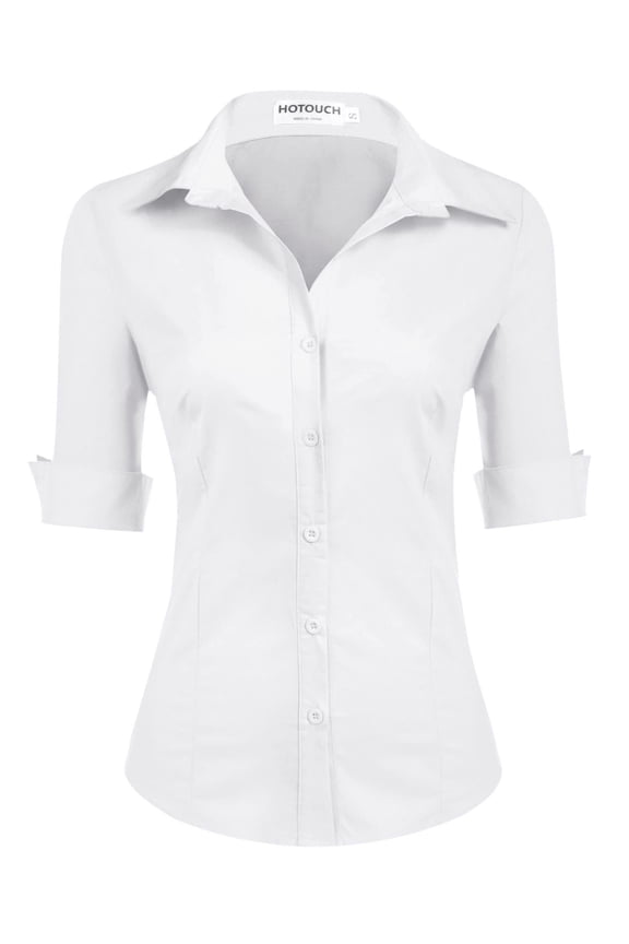 Womens 3/4 Sleeve Collared Button Down Shirt Summer Cotton Slim Fit Work Dress Shirts Office Formal Blouse