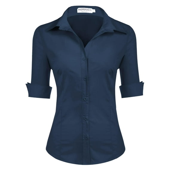 Zeagoo Womens 3/4 Sleeve Collared Button Down Shirt Summer Cotton Slim Fit Work Dress Shirts Office Formal Blouse