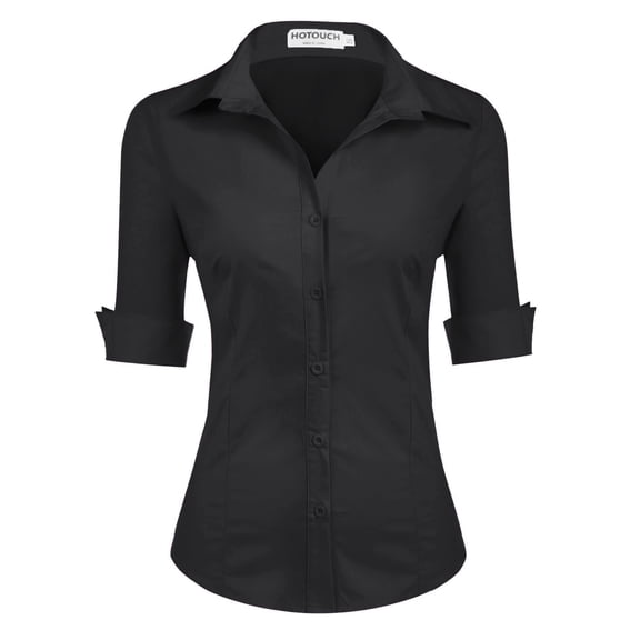 Zeagoo Womens 3/4 Sleeve Collared Button Down Shirt Summer Cotton Slim Fit Work Dress Shirts Office Formal Blouse