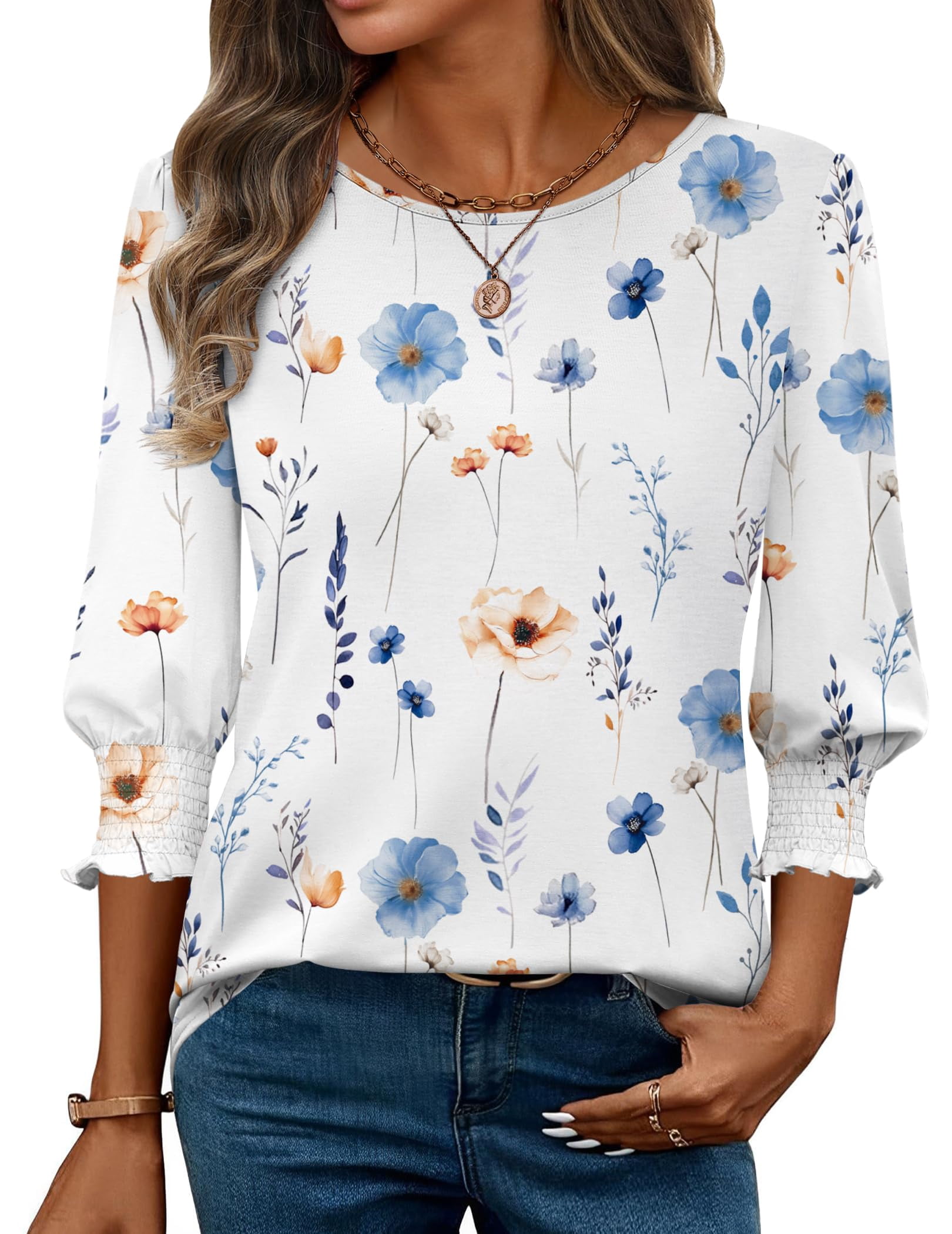 Zeagoo Womens 3/4 Sleeve Tops Crew Neck Loose Fit T-Shirts Print Casual ...