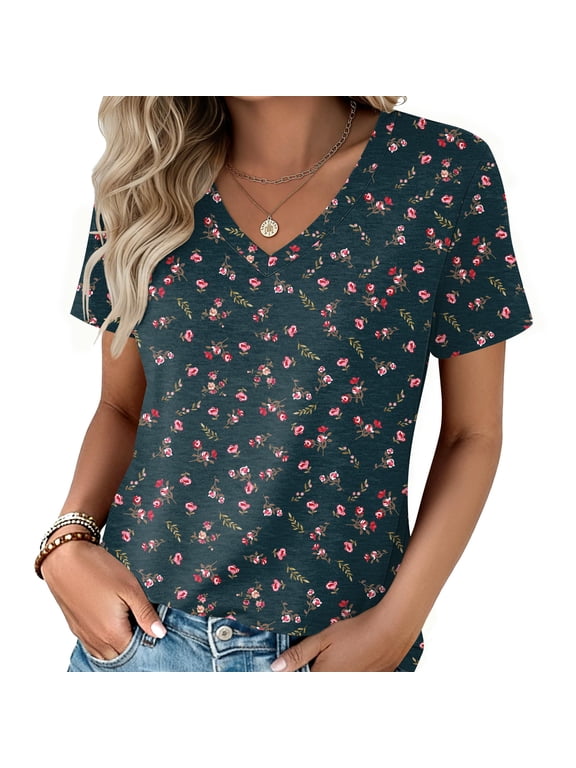 Womens Basic T-shirts Short Sleeve V-Neck Shirts Summer Casual Tops Daily Wear