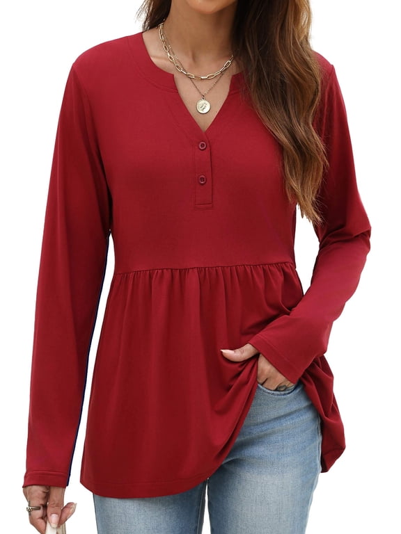 Womens Blouses 3/4 Sleeve Pemplu V Neck Henley Shirts Dressy Casual Tops Fall Trendy Clothes