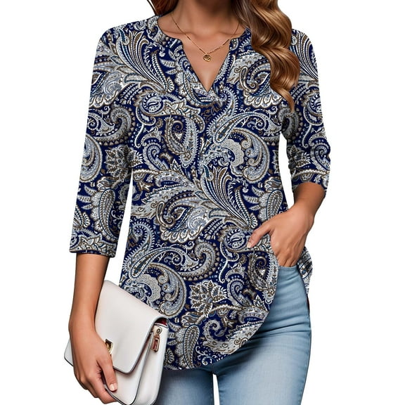 Zeagoo Womens Blouses 3/4 Sleeve Tunic V Neck Pattern Print Shirts Boho Fashion Spring Summer Tops