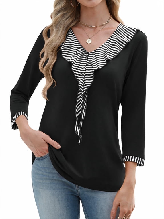 Womens Blouses 3/4 Sleeve V Neck Flounce Shirts Casual Dressy Tunic Tops Summer Fall Fashion Clothes