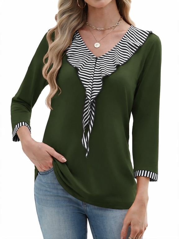 Womens Blouses 3/4 Sleeve V Neck Flounce Shirts Casual Dressy Tunic Tops Summer Fall Fashion Clothes