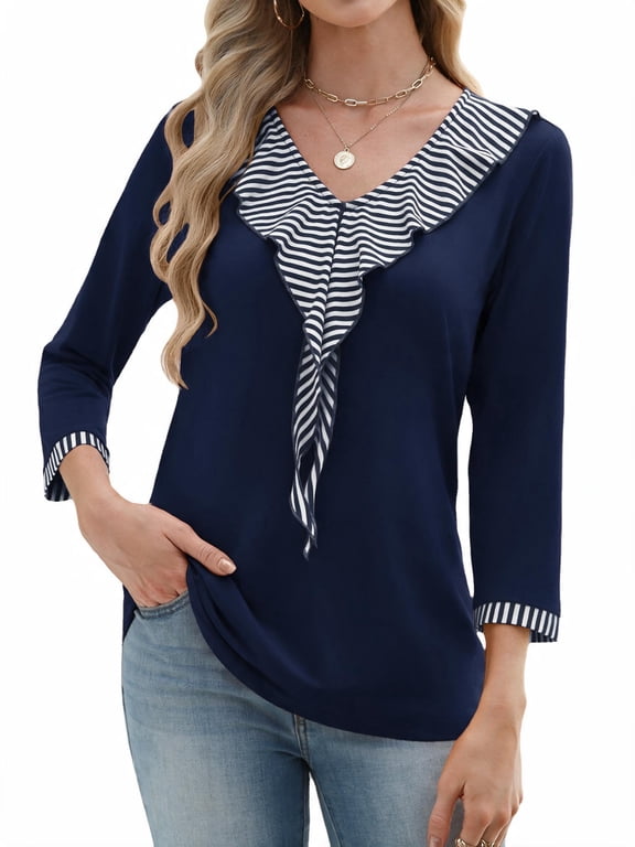 Womens Blouses 3/4 Sleeve V Neck Flounce Shirts Casual Dressy Tunic Tops Summer Fall Fashion Clothes