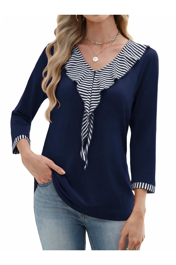 Womens Blouses 3/4 Sleeve V Neck Flounce Shirts Casual Dressy Tunic Tops Summer Fall Fashion Clothes