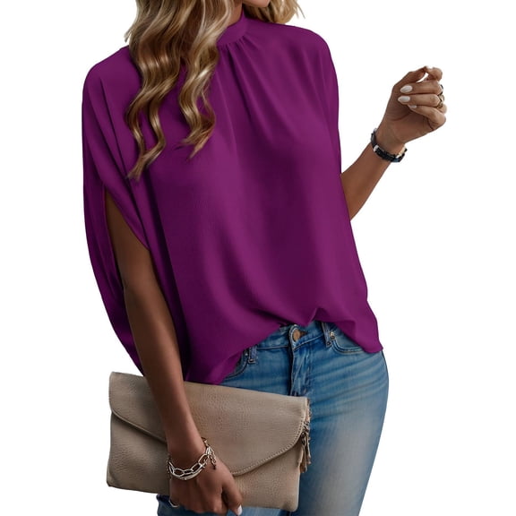 Zeagoo Womens Blouses Dressy Casual Mock Neck Batwing Sleeve Tops Loose Fit Tie Back Summer Tunic Tops