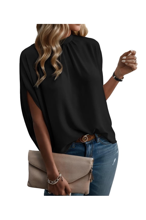 Womens Blouses Dressy Casual Mock Neck Batwing Sleeve Tops Loose Fit Tie Back Summer Tunic Tops