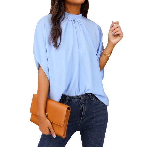 Zeagoo Womens Blouses Dressy Casual Mock Neck Batwing Sleeve Tops Loose Fit Tie Back Summer Tunic Tops