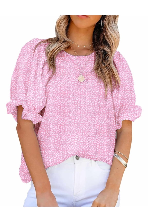 Womens Blouses Dressy Casual Spring Floral Print Crewneck Smocked Puff Short Sleeve Shirts