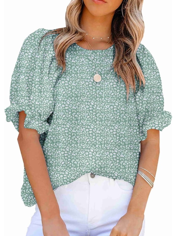Womens Blouses Dressy Casual Spring Floral Print Crewneck Smocked Puff Short Sleeve Shirts