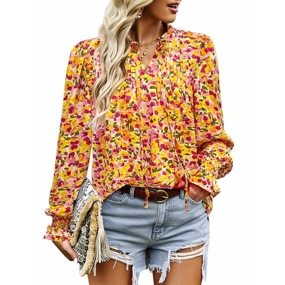 Zeagoo Womens Boho Floral Blouses Casual V Neck Long Sleeves Tops