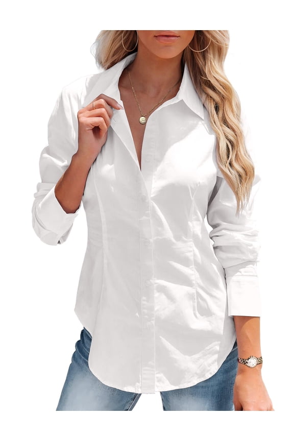 Womens Button Down Shirt Long Sleeve Button up Dress Shirts Collared Solid Business Slim Fitting Work Blouse