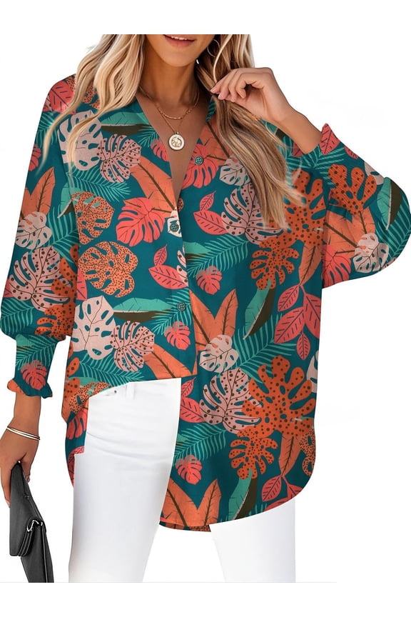 Womens Button Down Shirts Loose Fit Striped Printed Lantern Long Sleeve Blouses Smocked Cuff Business Work Fall Tops