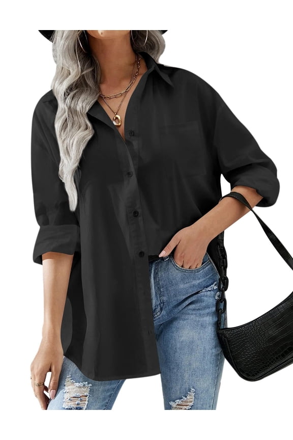 Womens Button Up Shirt Loose Drop Shoulder Blouses Long Sleeve Soft Office Dress Collar Shirt with Pockets