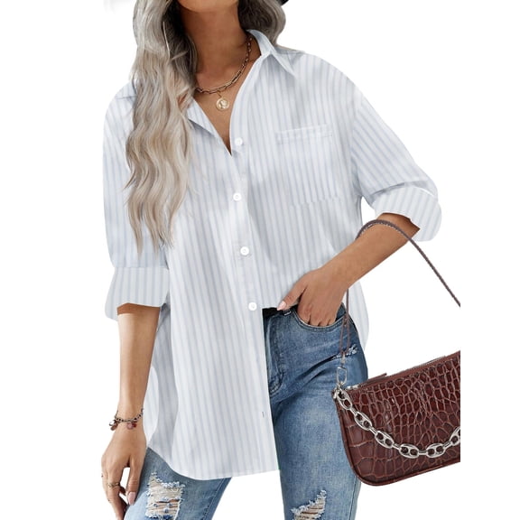 Zeagoo Womens Button Up Shirt Loose Drop Shoulder Blouses Long Sleeve Soft Office Dress Collar Shirt with Pockets