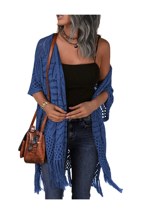 Womens Crochet Kimono Cardigan Open Front Knit Hollow Out Lightweight Cover Up with Tassel