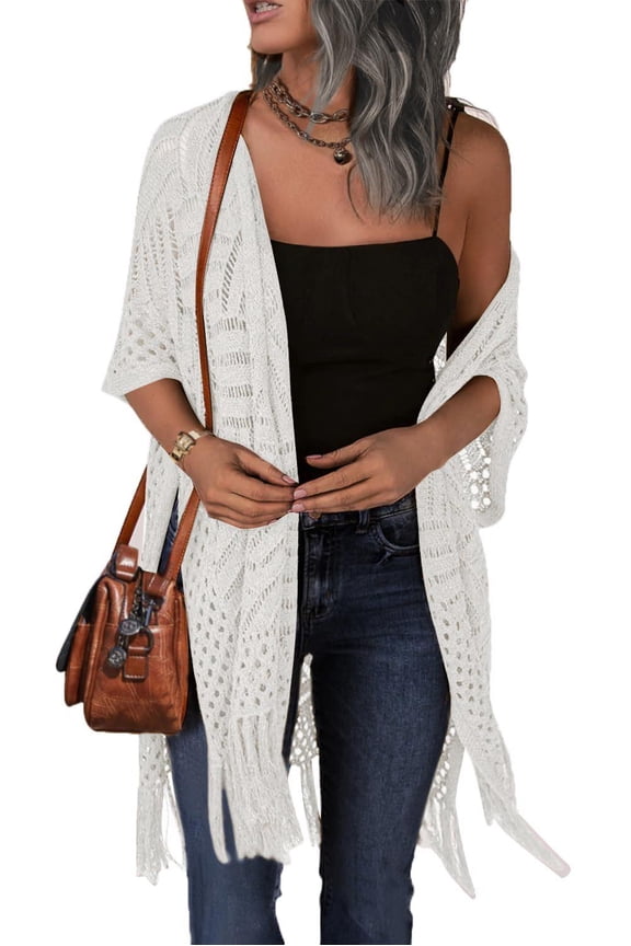 Womens Crochet Kimono Cardigan Open Front Knit Hollow Out Lightweight Cover Up with Tassel