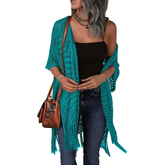 Zeagoo Womens Crochet Kimono Cardigan Open Front Knit Hollow Out Lightweight Cover Up with Tassel