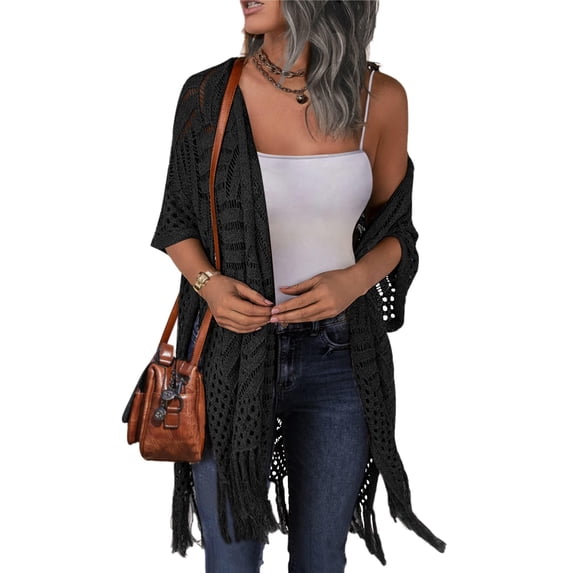 Zeagoo Womens Crochet Kimono Cardigan Open Front Knit Hollow Out Lightweight Cover Up with Tassel