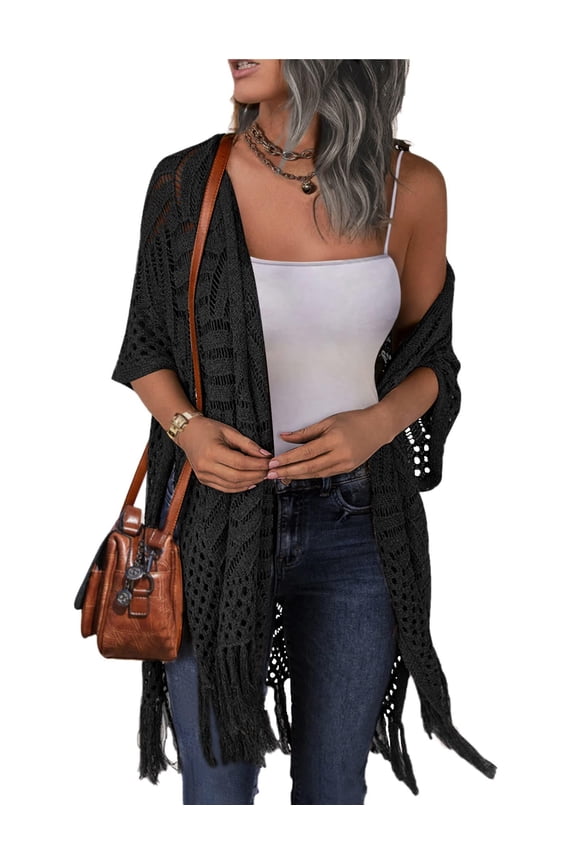 Womens Crochet Kimono Cardigan Open Front Knit Hollow Out Lightweight Cover Up with Tassel