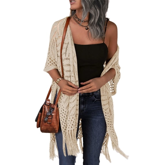 Zeagoo Womens Crochet Kimono Cardigan Open Front Knit Hollow Out Lightweight Cover Up with Tassel