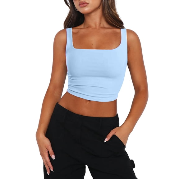 Zeagoo Womens Cropped Tank Tops 2025 Summer Square Neck Double Layer Slim Fitted Y2k Crop Top