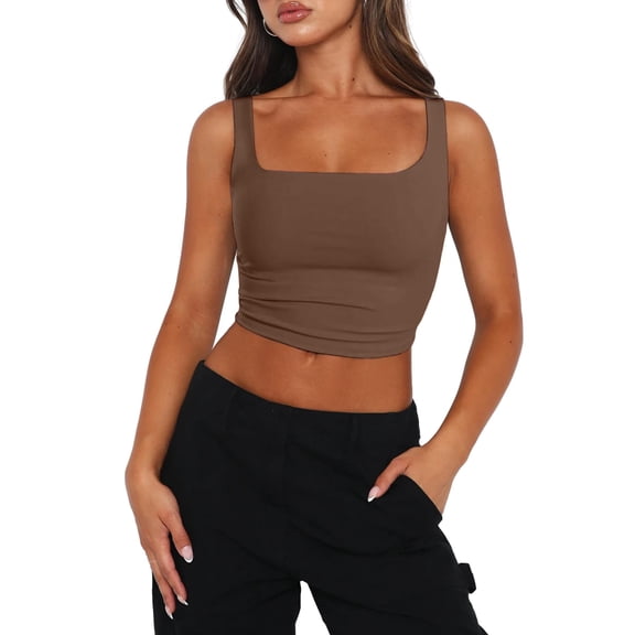 Zeagoo Womens Cropped Tank Tops 2025 Summer Square Neck Double Layer Slim Fitted Y2k Crop Top