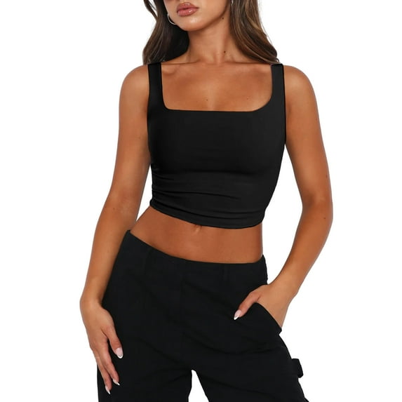 Zeagoo Womens Cropped Tank Tops 2025 Summer Square Neck Double Layer Slim Fitted Y2k Crop Top
