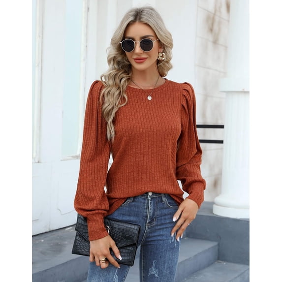 Zeagoo Womens Elegant Knitted Shirts Lightweight Round Neck Blouse Tops Long Puff Sleeve Pullover Sweater