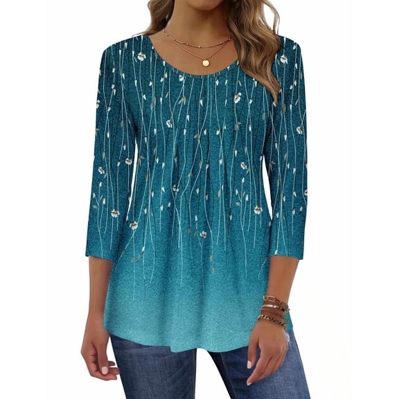 Zeagoo Womens Fall Fashion 2025 3/4 Sleeve Round Neck Floral Ink Dot Tops Pleated Business Work Shirts