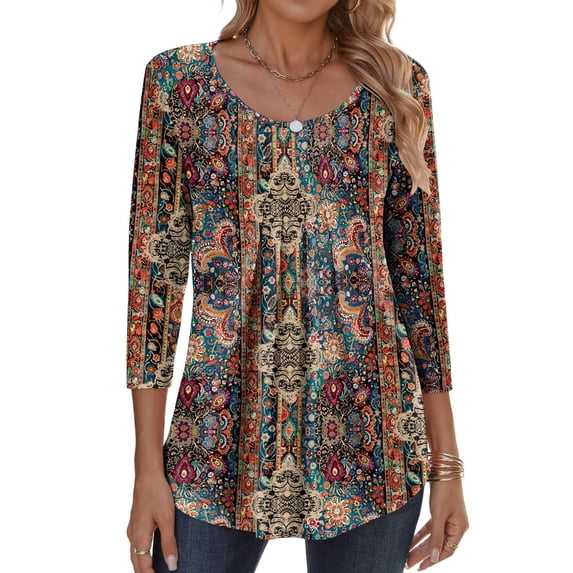 Zeagoo Womens Fall Fashion 3/4 Sleeve Round Neck Floral Ink Dot Tops Pleated Business Work Shirts