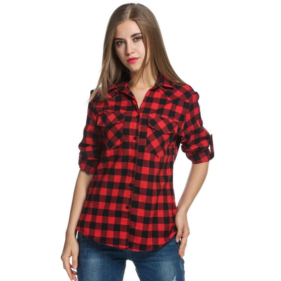 Zeagoo Womens Flannel Shirts Long/Roll Up Sleeve Collared Button Down Plaid Shirt Casual Work Tops