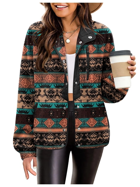 Womens Fleece Jacket Fuzzy Stand Collar Western Aztec Snap Button Down Jacket Outerwear with Pockets
