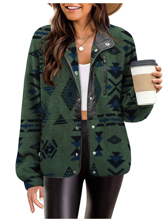 Womens Fleece Jacket Fuzzy Stand Collar Western Aztec Snap Button Down Jacket Outerwear with Pockets