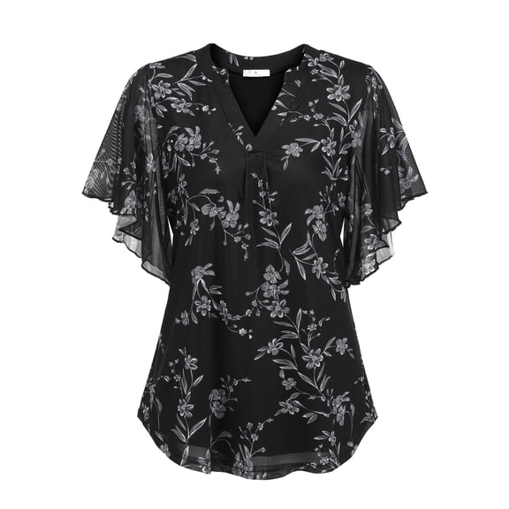 Zeagoo Womens Flowy Tunics Tops Short Sleeve V Neck Printed Blouses Double Layers Mesh Tops
