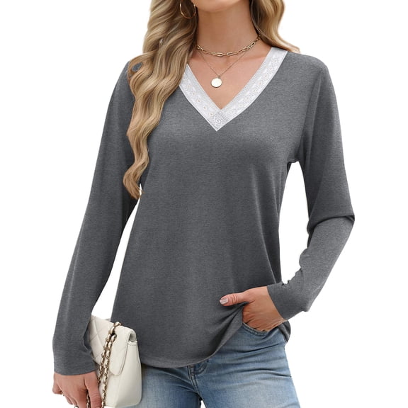 Zeagoo Womens Lace Trim Long Sleeve Top V Neck Solid Basic Tees Lightweight Casual Dressy Fall Trendy Blouse