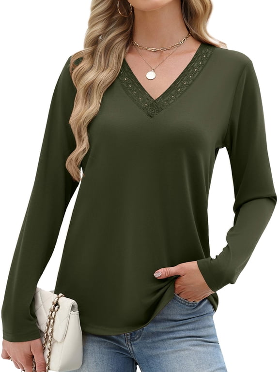 Womens Lace Trim Long Sleeve Top V Neck Solid Basic Tees Lightweight Casual Dressy Fall Trendy Blouse