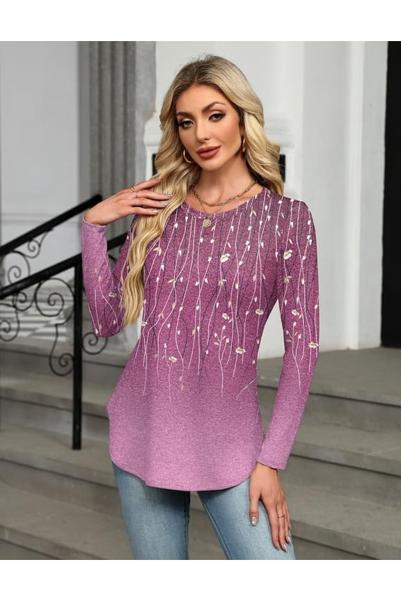 Women's Blouses Long Sleeve Round Neck Side Split Curved Hem Basic Loose Casual Tunic Trendy Tops