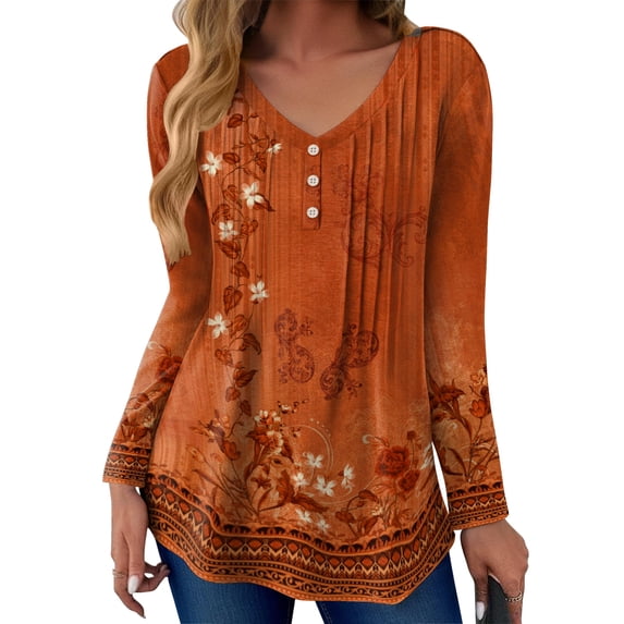 Zeagoo Womens Long Sleeve Tops V-Neck Button Design Loose Fit Shirts Casual Pleated Print T-Shirts