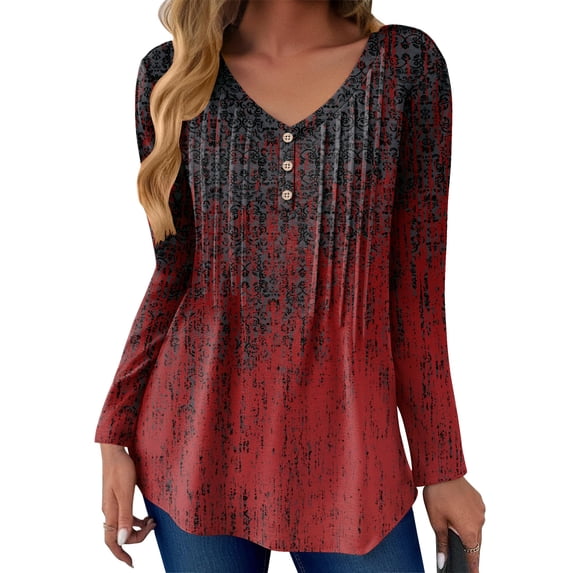 Zeagoo Womens Long Sleeve Tops V-Neck Button Design Loose Fit Shirts Casual Pleated Print T-Shirts