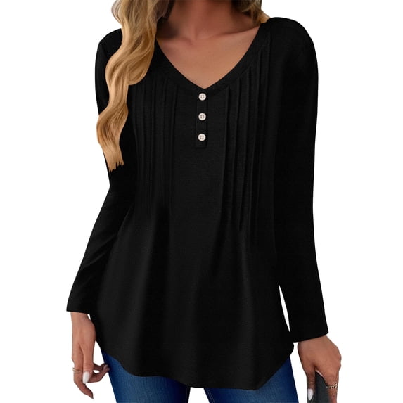 Zeagoo Womens Long Sleeve Tops V-Neck Button Design Loose Fit Shirts Casual Pleated Print T-Shirts