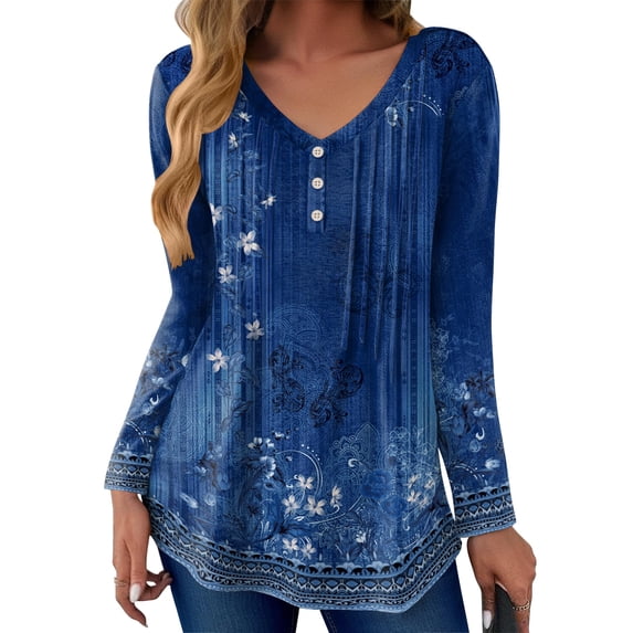 Zeagoo Womens Long Sleeve Tops V-Neck Button Design Loose Fit Shirts Casual Pleated Print T-Shirts
