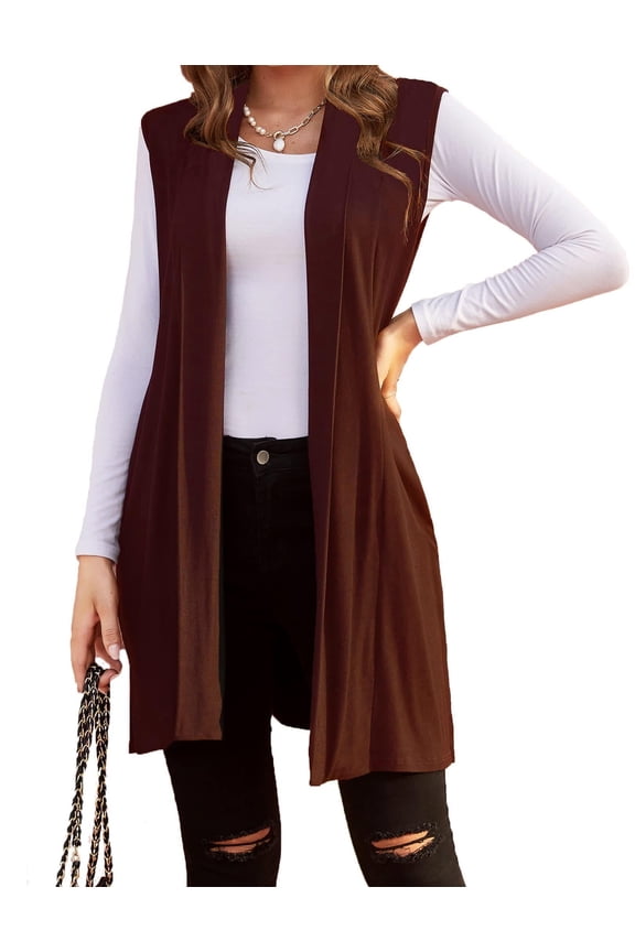 Womens Long Vests Sleeveless Draped Lightweight Open Front Cardigan Layering Vest with Side Pockets