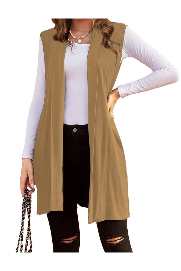 Womens Long Vests Sleeveless Draped Lightweight Open Front Cardigan Layering Vest with Side Pockets
