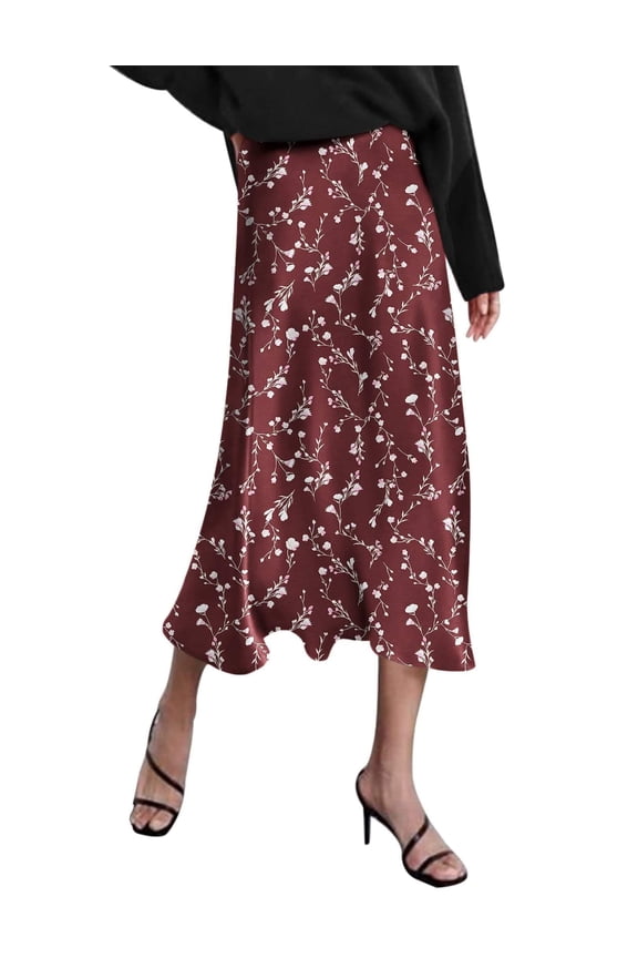 Womens Midi Skirt High Waisted Satin Dress Zipper Elegant Work Skirts