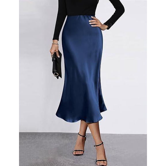 Zeagoo Womens Midi Skirt High Waisted Satin Dress Zipper Elegant Work Skirts